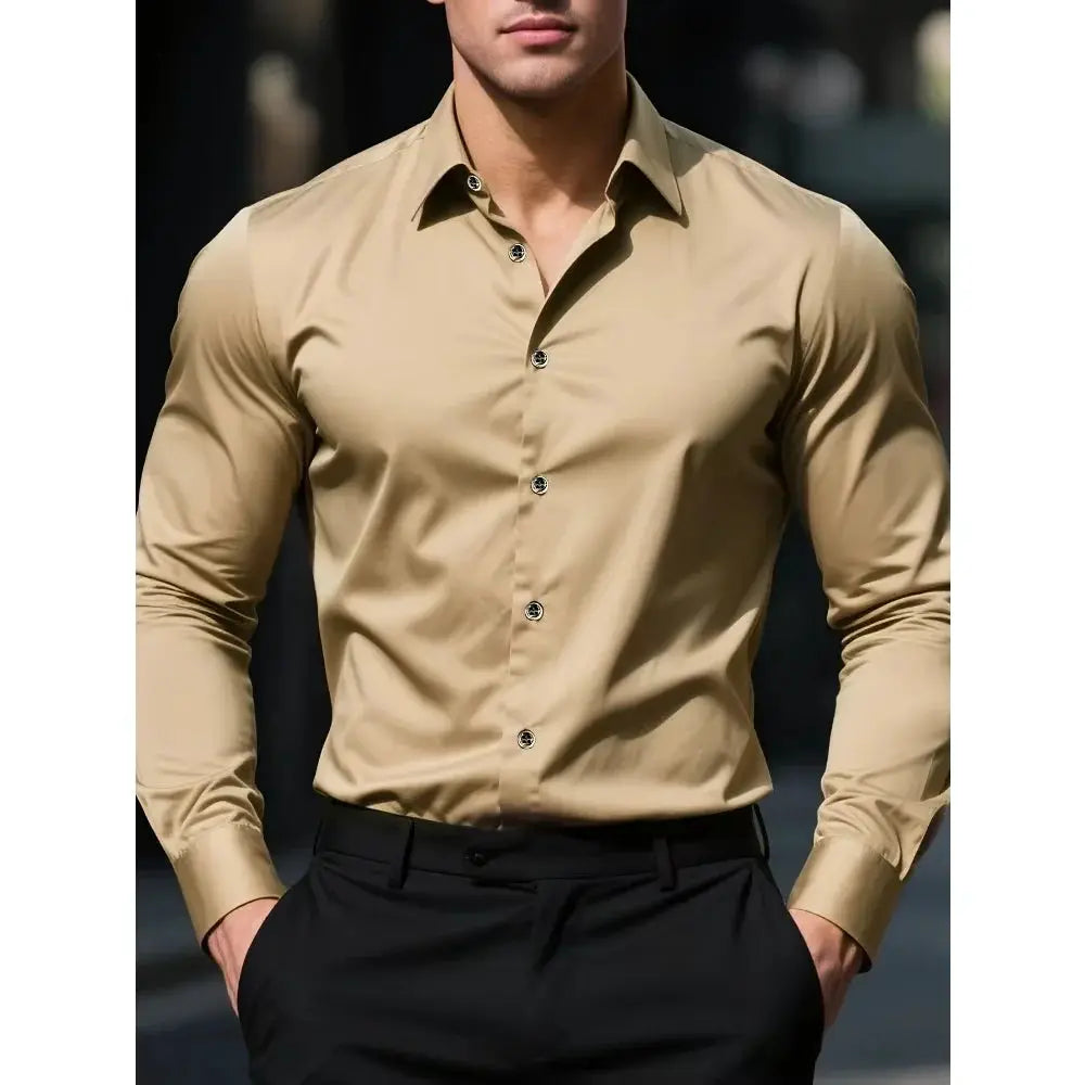2025 Men's Solid Color Long Sleeve Shirt Elastic Smart Casual Four Season Business Shirt