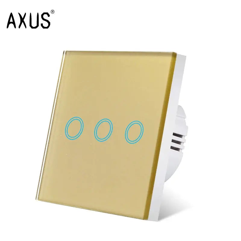 AXUS 3-gang touch switch plate with gold tempered crystal glass and blue backlit rings
