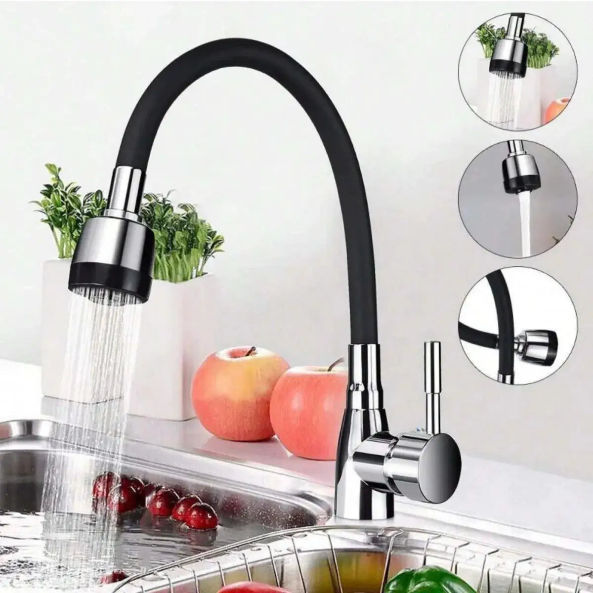 Modern 304 stainless steel kitchen faucet with adjustable gooseneck, black silicone hose and chrome finish