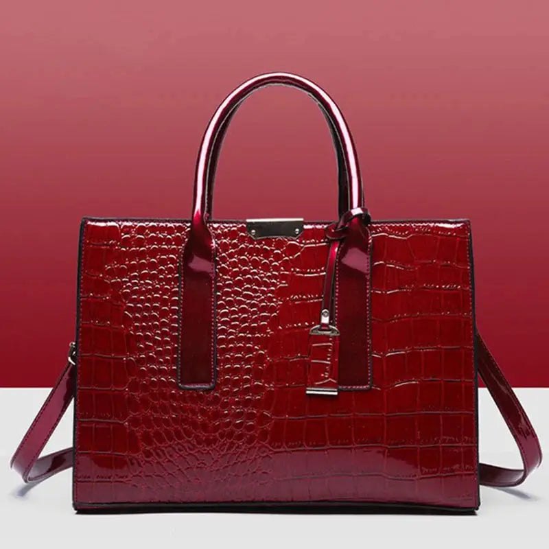 Crocodile-pattern handbag in red PU leather with top handles and detachable crossbody strap by Simples Market