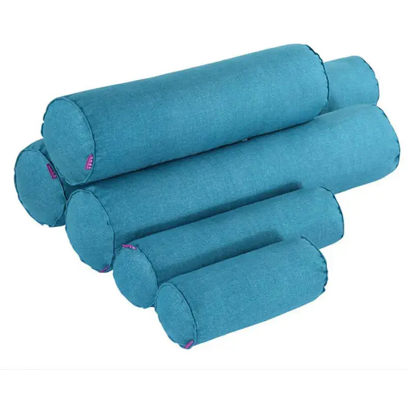Cylindrical pillow cases in blue cotton-linen fabric; set of 4 lumbar bolster covers