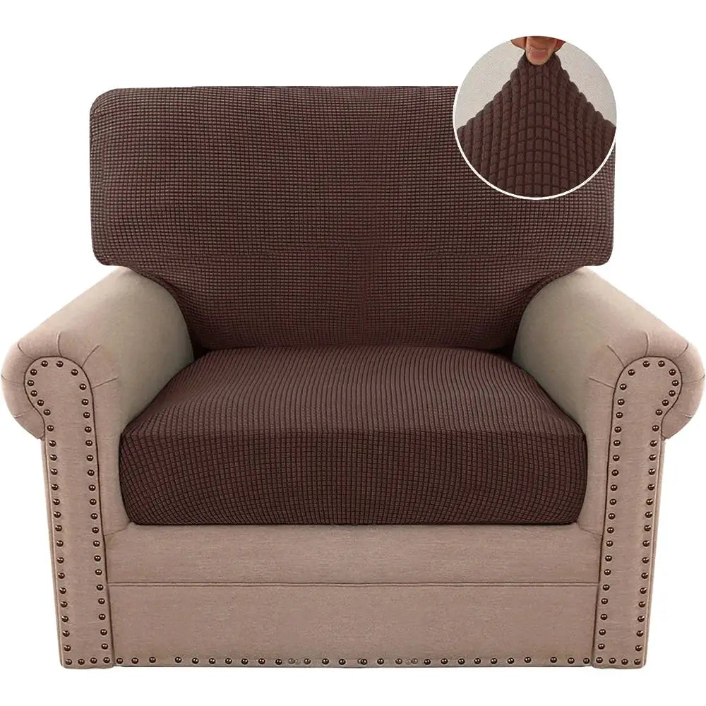 Jacquard polar fleece sofa cover in brown on beige armchair; removable furniture protector by Simples Market.