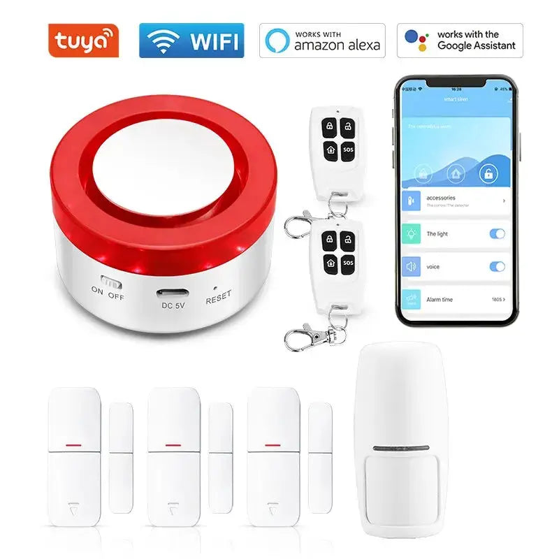 Tuya Smart WIFI Wireless Security Alarm Kit by Simples Market with red siren, door/window sensors and remote fobs