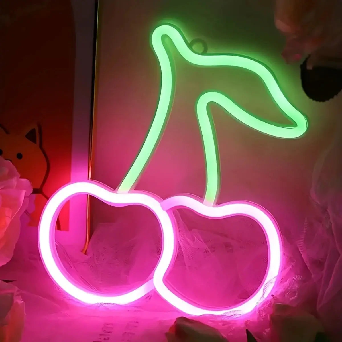 Simples Market cherry neon LED sign; pink cherries with green stem, USB or battery powered decorative light.