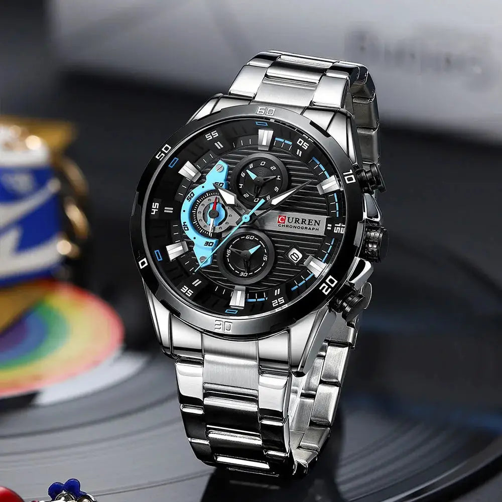 Curren 8402 men's stainless steel watch with black dial, blue accents, chronograph and luminous hands