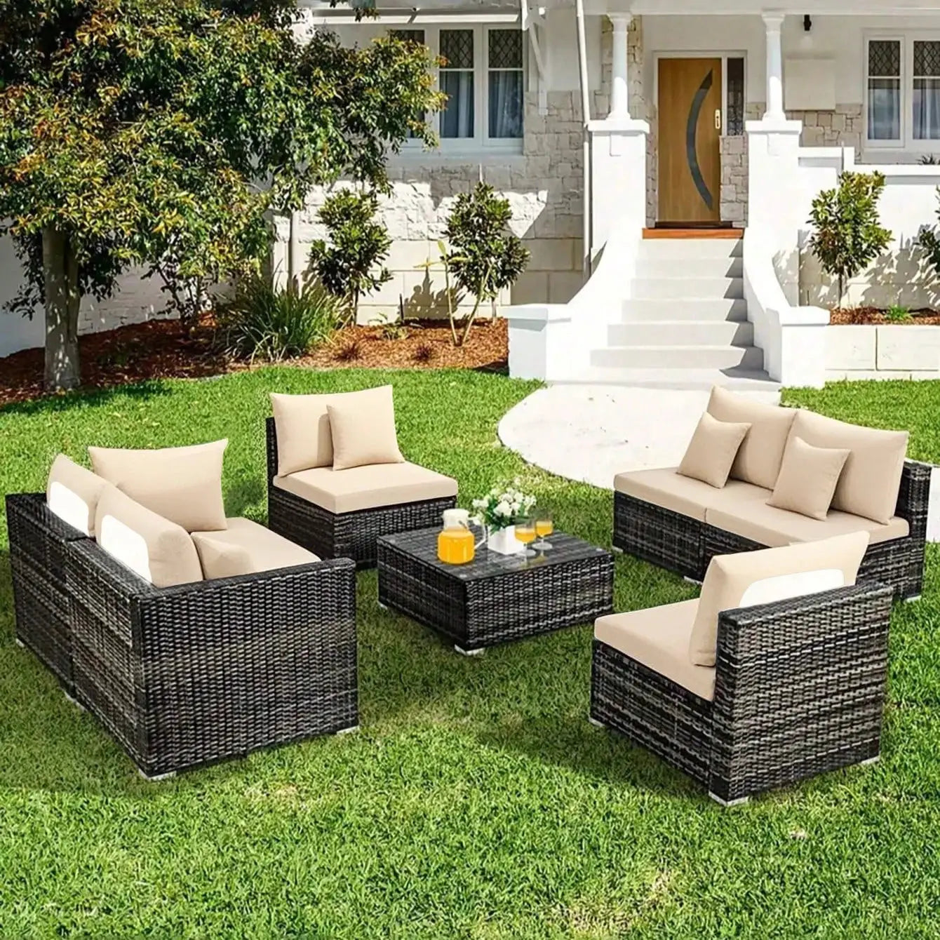Outdoor cushion covers for wicker furniture set with beige cushions on the lawn