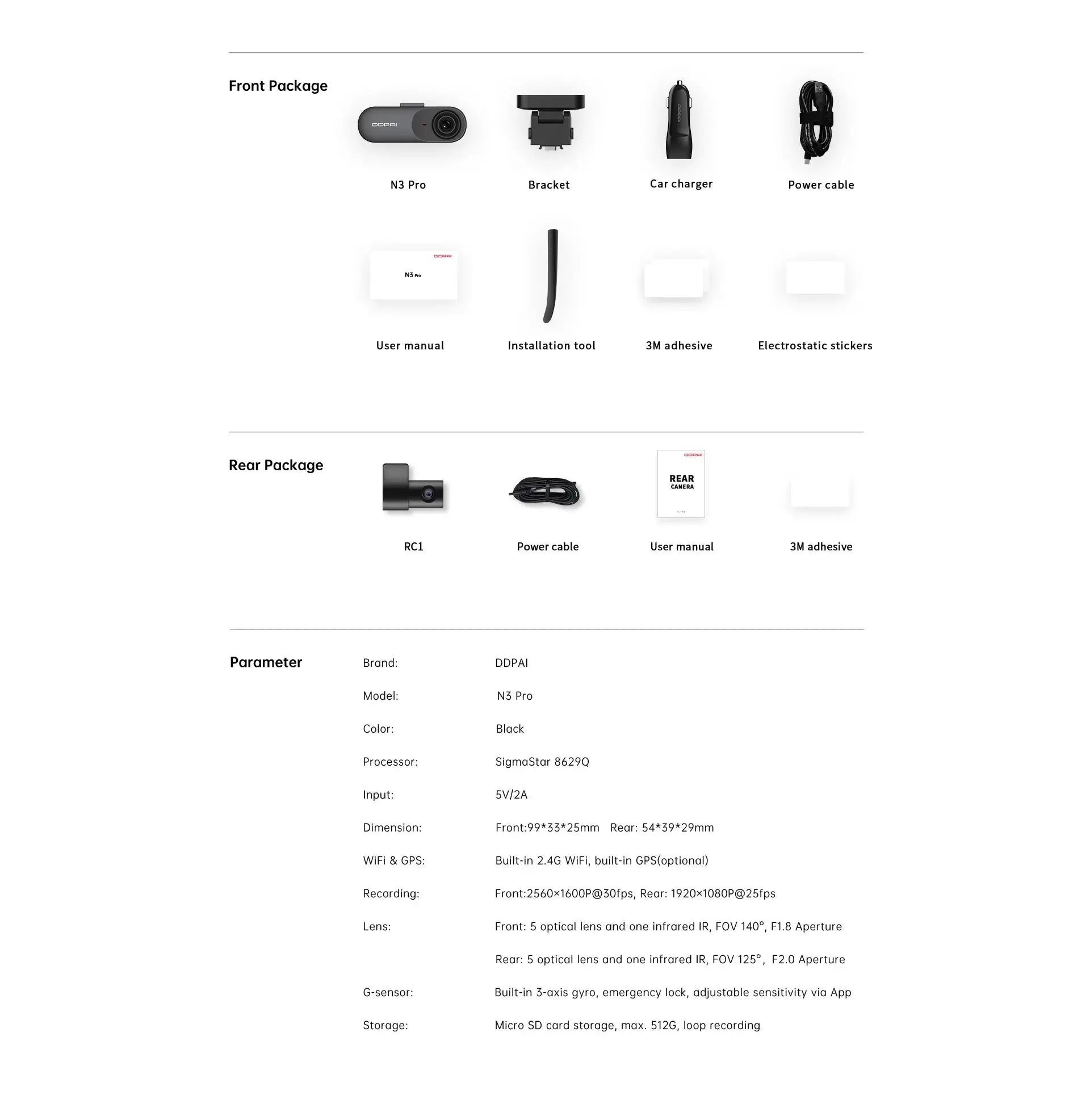 DDPAI N3 Pro dash cam front package: camera, bracket, charger, power cable, manual, tools, 3M adhesive