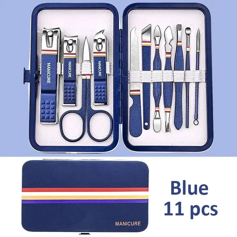 11-piece blue manicure set in folding case with stainless steel nail clippers, scissors, and cuticle tools