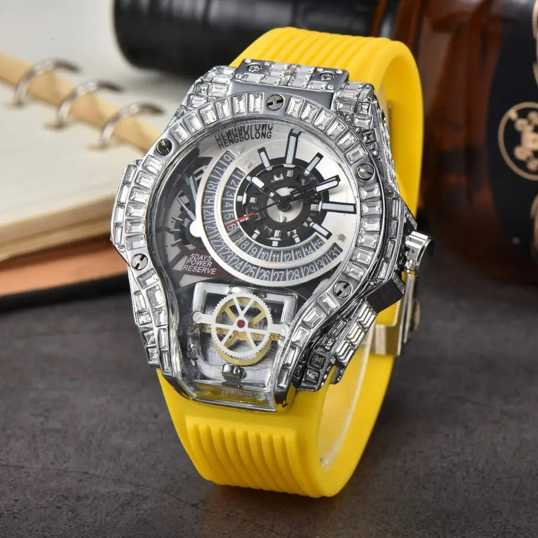 Simples Market men's luxury watch with full-diamond bezel, silver case and yellow rubber strap