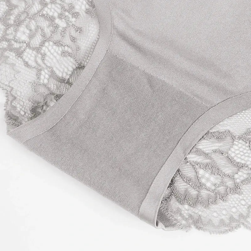 Women's lace-trimmed satin panties in gray, soft and comfortable underwear