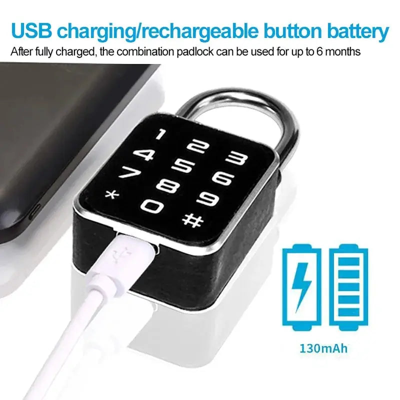3-in-1 mini smart padlock with USB charging and numeric keypad, black, Simples Market