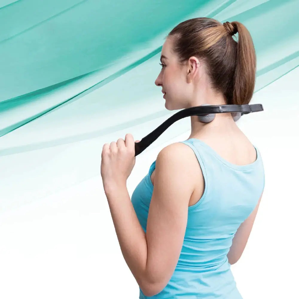 Neck massager with dual Shiatsu nodes and ergonomic strap worn by a woman in a blue top