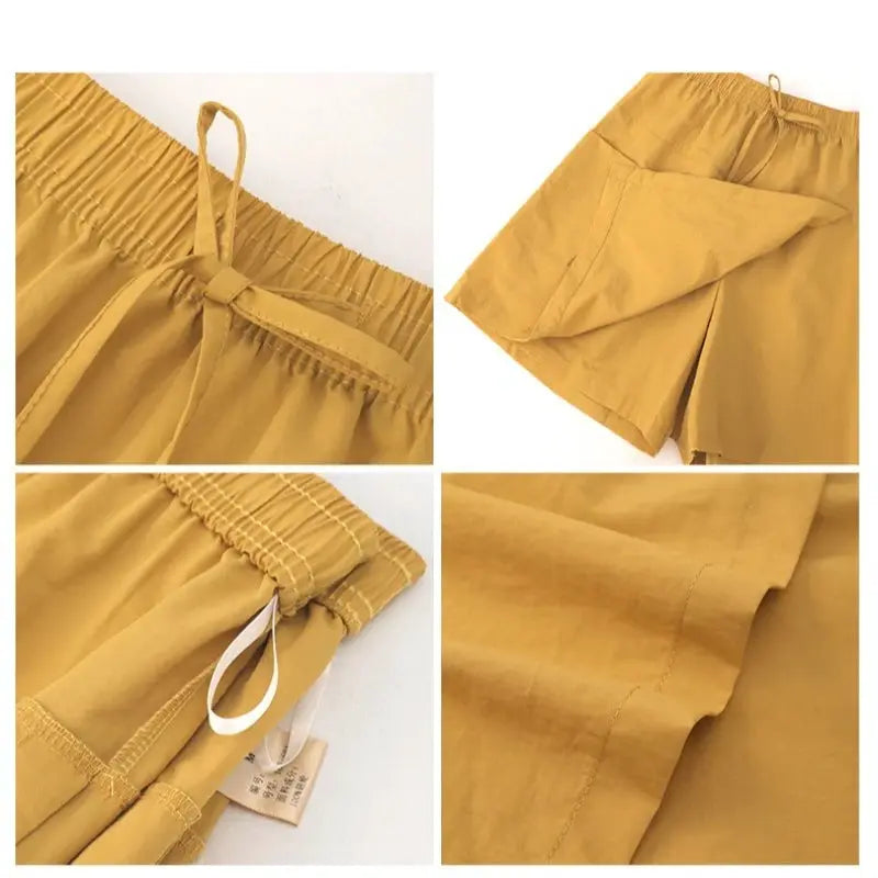 Simples Market 2-piece shorts-skirt set for women, mustard color, high-waist A-line with side slit, lightweight