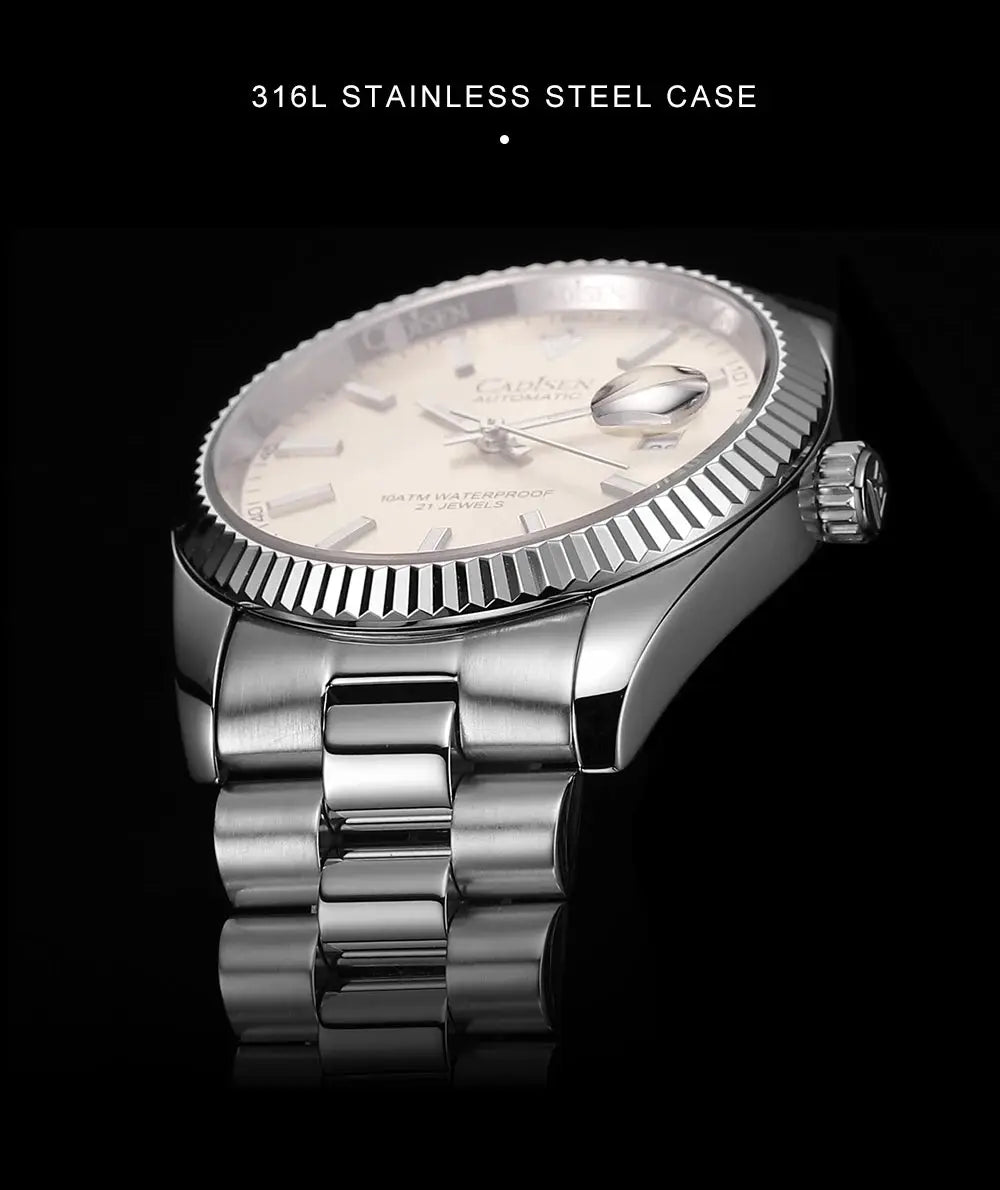 CADISEN men's stainless steel automatic watch with sapphire crystal, MIYOTA 8215, 100m water resistant