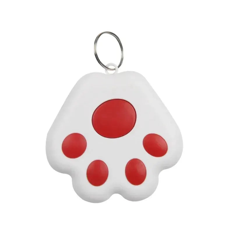Mini paw-shaped white plastic pet locator keychain with red paw pads and metal ring