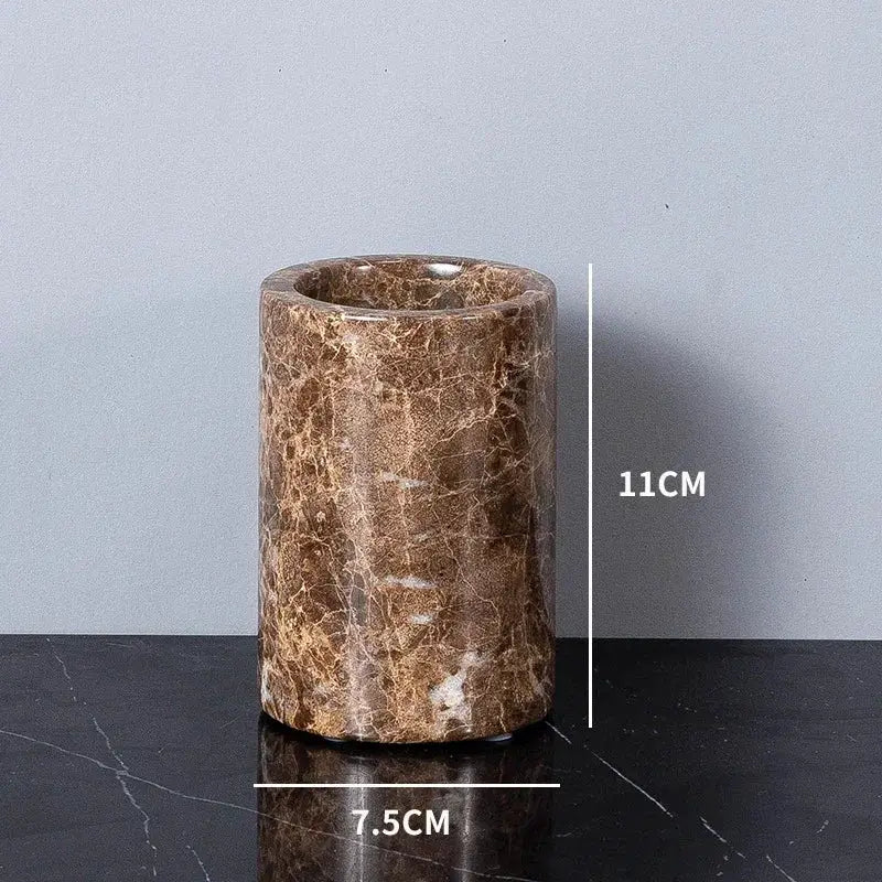 Emperador Dark marble toothbrush holder by Simples Market, brown natural marble, 11 cm tall, 7.5 cm diameter