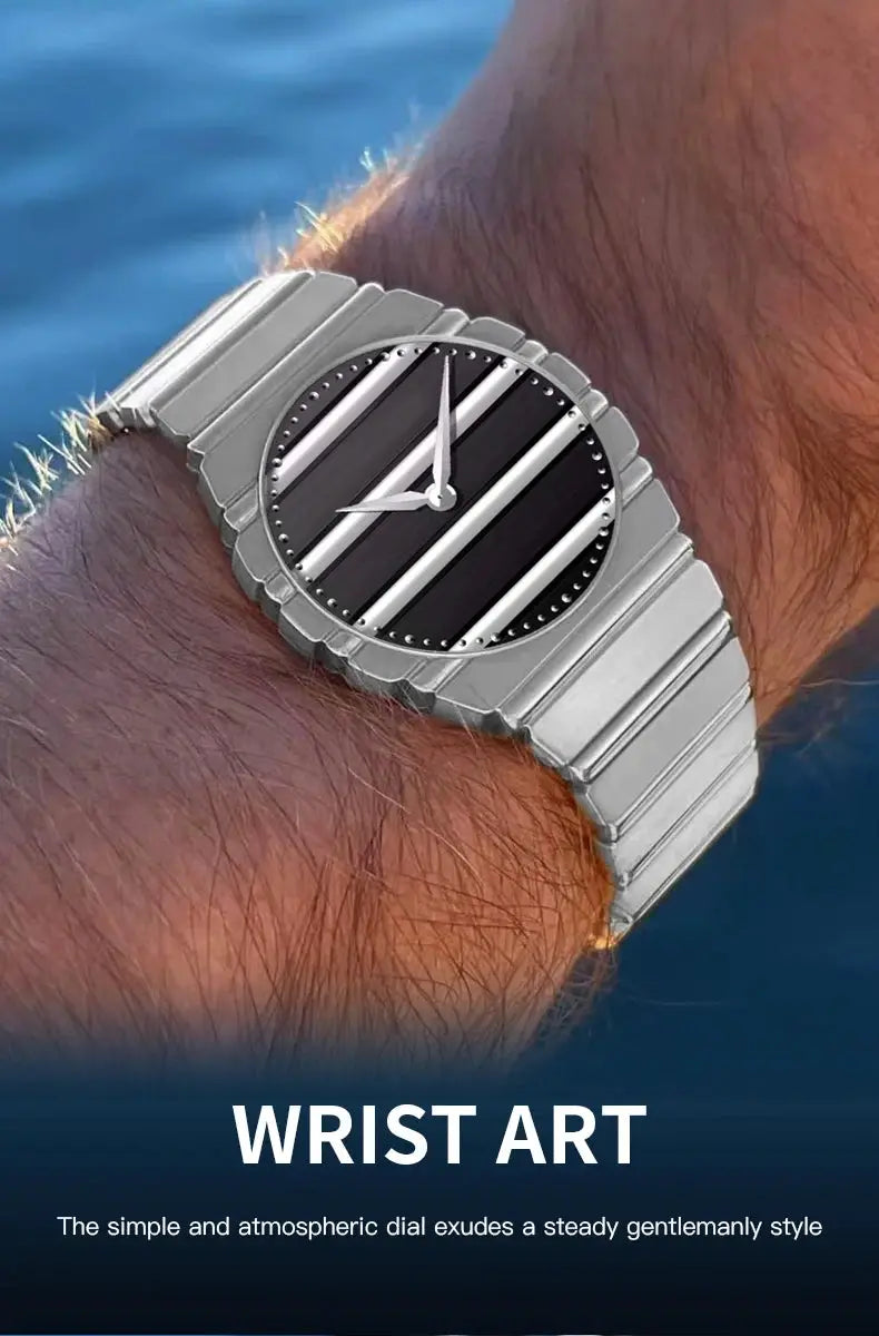 Men's 37mm stainless steel watch with a black striped dial and silver band