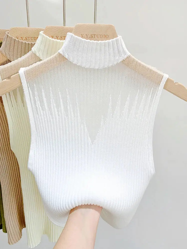 Mesh Knitted Y2K Tank Top For Women Half Neck Sleeveless Vest With Cutout Detail Streetwear Chic