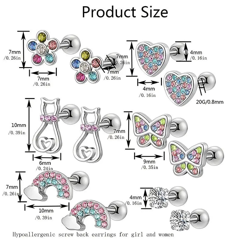 Six Pairs Hypoallergenic Screw Back Earrings For Women Girls 316L Stainless Steel CZ Stud Earrings Set 20G