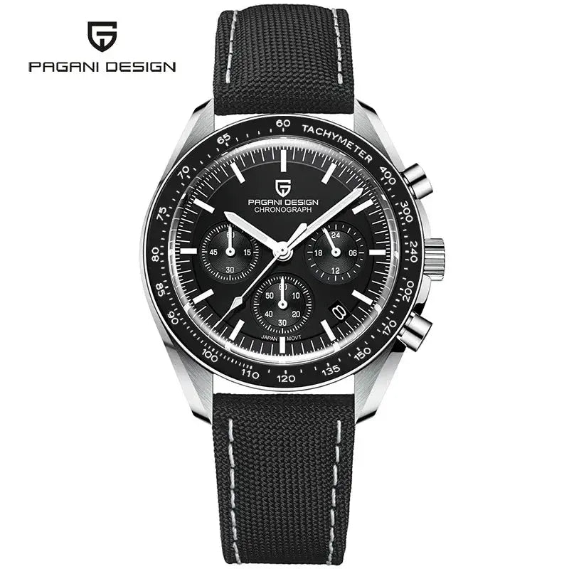 Pagani Design PD1701 men's chronograph watch with black dial, tachymeter bezel, stainless steel case and black strap.