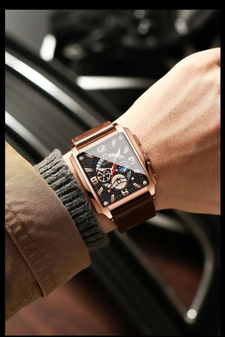 BINBOND men's date quartz watch with rose-gold case, brown leather strap and skeleton dial design details