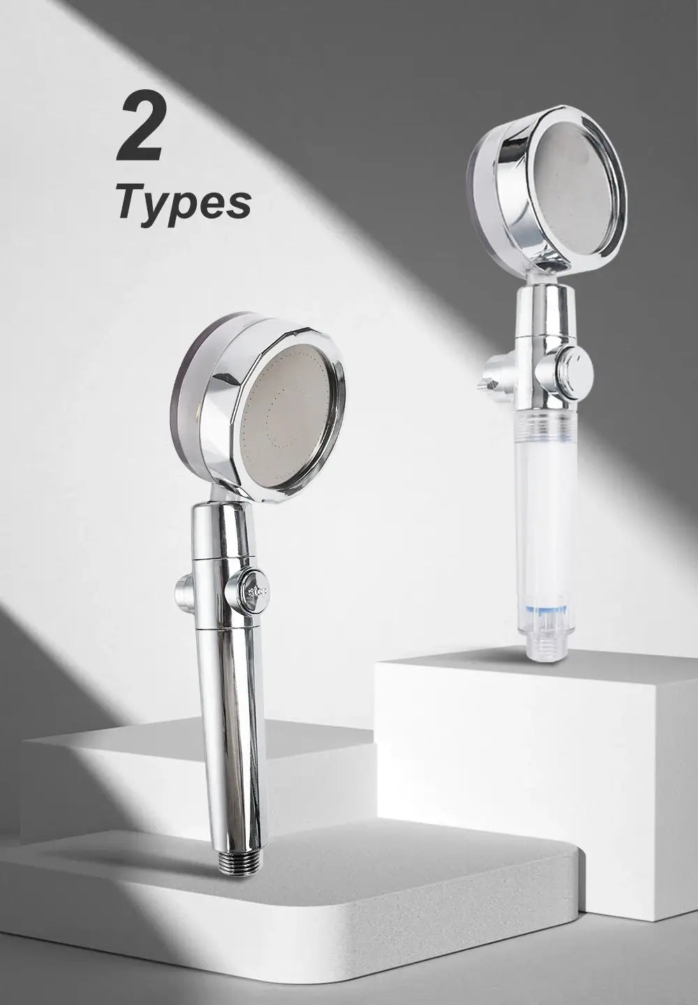 High-pressure handheld shower head set by Simples Market; two chrome heads with visible filter cartridge