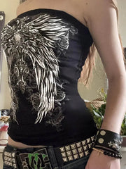 Gothic Print Black Strapless Tube Top for Women Skinny Cropped Summer Casual Chic Streetwear Graphic Tee Y2K Vest