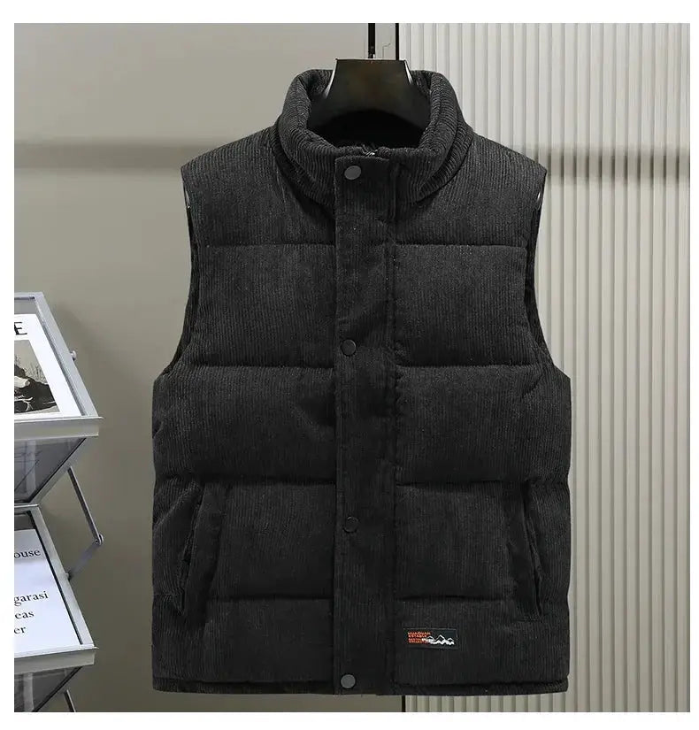 Men's black corduroy padded vest with high collar, sleeveless with front snaps, Simples Market