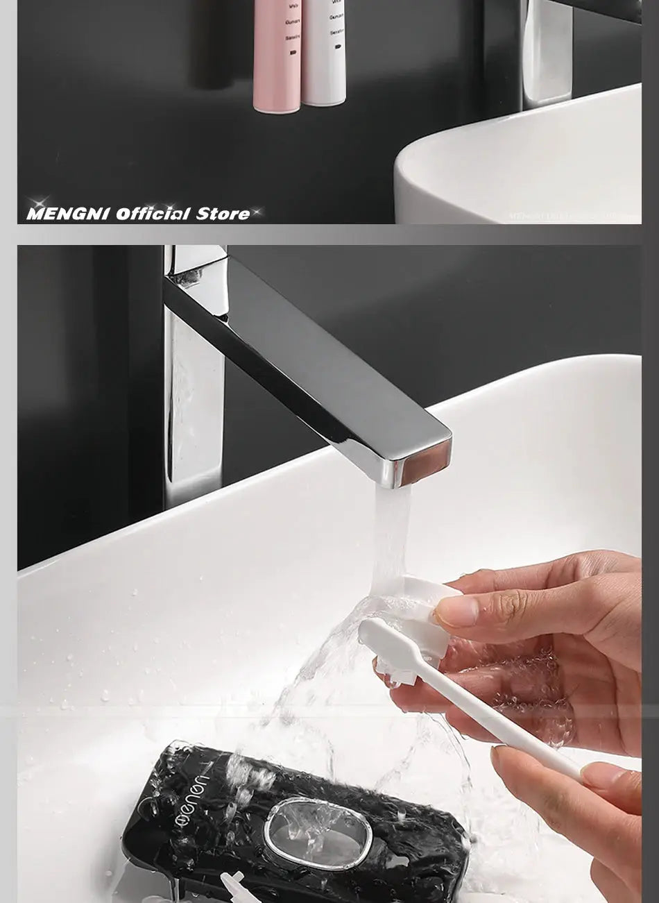MENGNI wall-mounted toothpaste dispenser and white toothbrush holder; manual operation shown with two toothpaste tubes