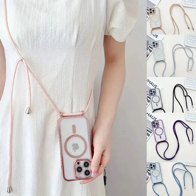 Crossbody MagSafe phone case with lanyard, pink-plated for iPhone, shown in color variants
