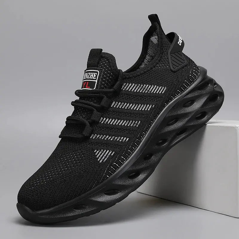 Unisex black knit running sneakers with breathable mesh and hollow sole