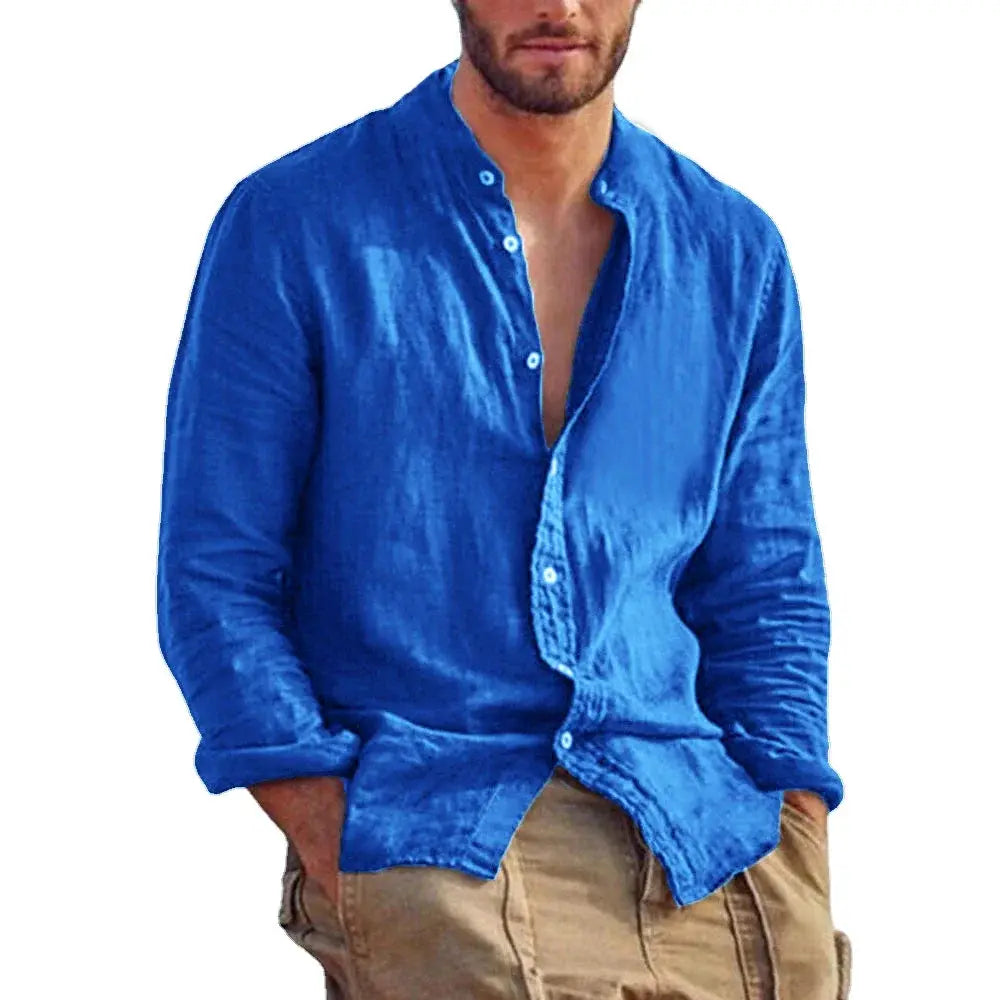 Men's blue linen long-sleeve shirt with stand collar by Simples Market
