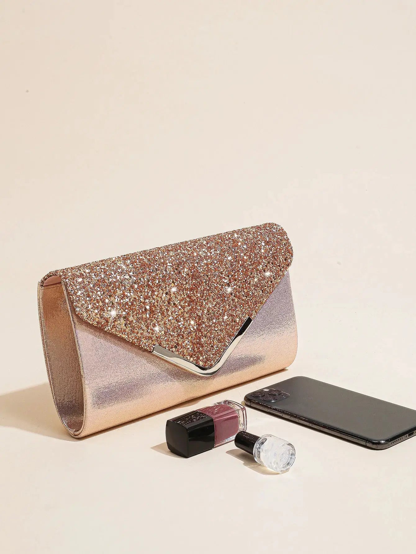 Women’s evening sequin envelope clutch rose-gold purse with metallic clasp by Simples Market