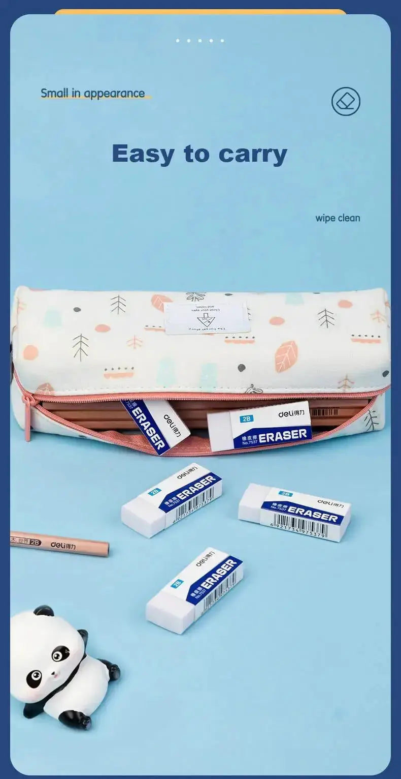 Deli 2B erasers set; several pieces in pink zipper pencil case with white-blue ERASER boxes; Simples Market.