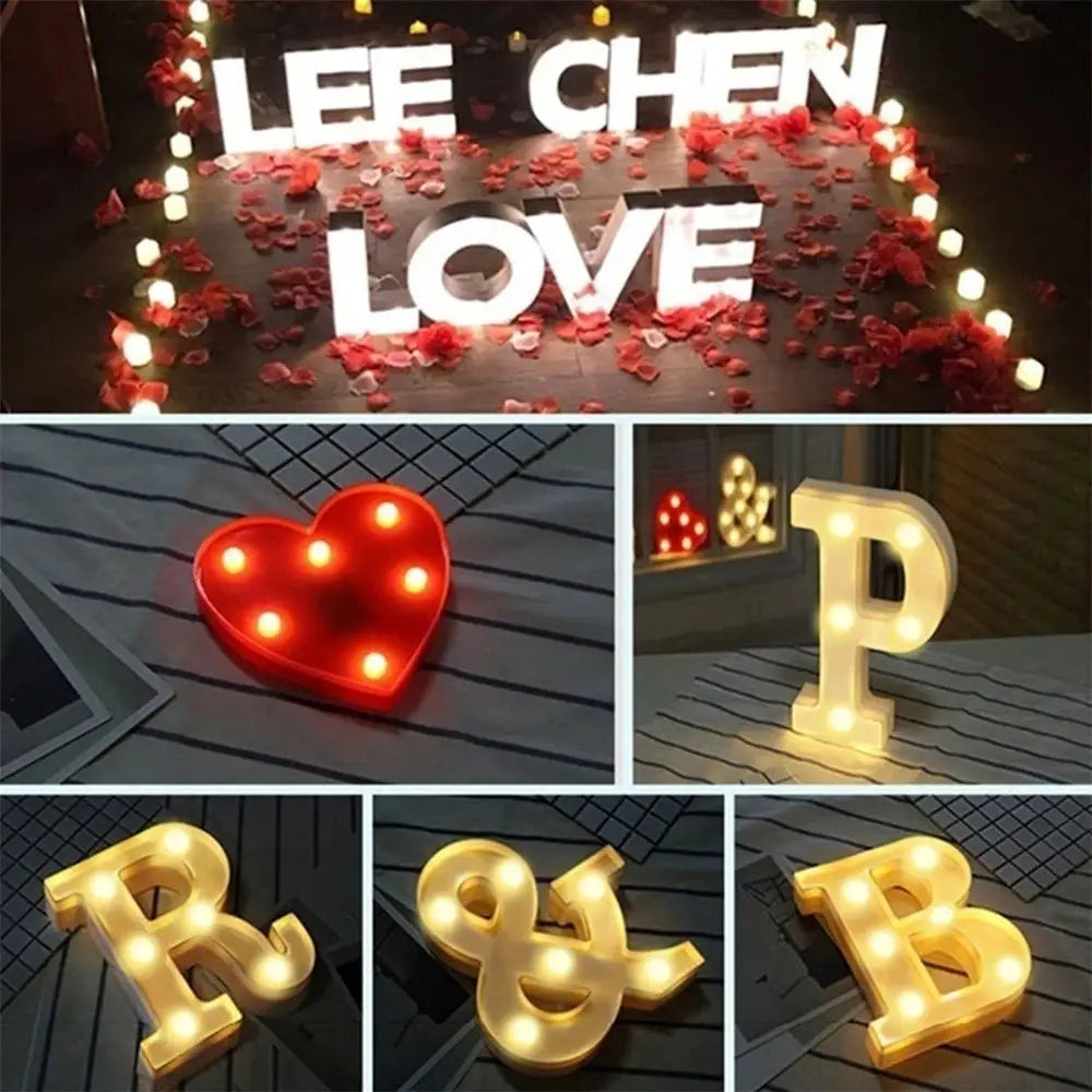 Luminous LED letter lamp set with warm white glow; includes letters P, R, B and ampersand for home decor