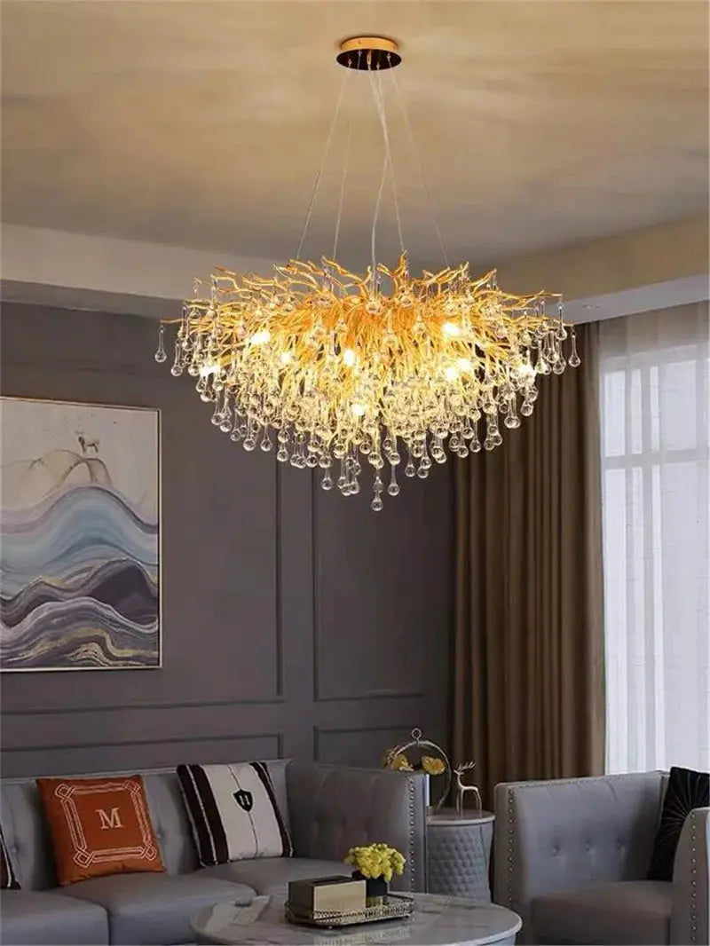 Royal Nordic luxury crystal chandelier with gold chrome water-drop crystals, living room pendant light
