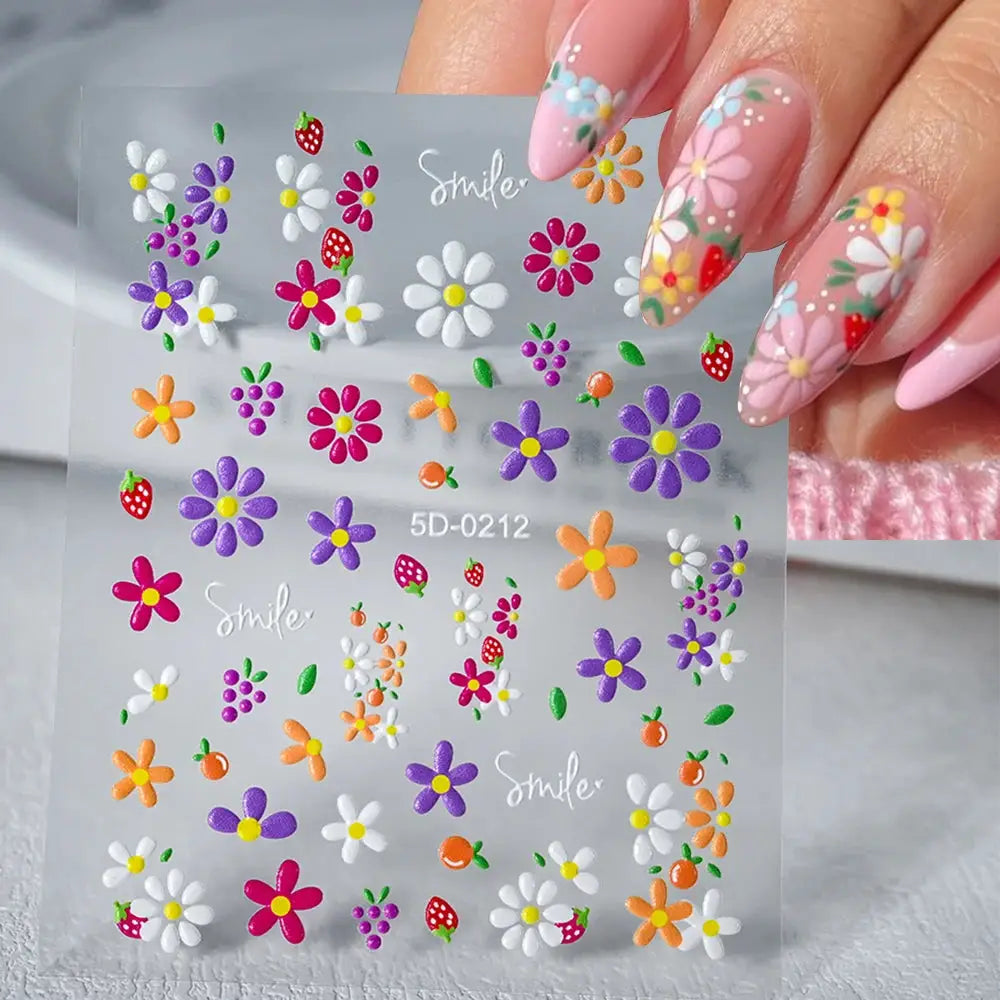 Nail decal sheet by Simples Market with colorful flowers and fruit stickers for summer manicure decor