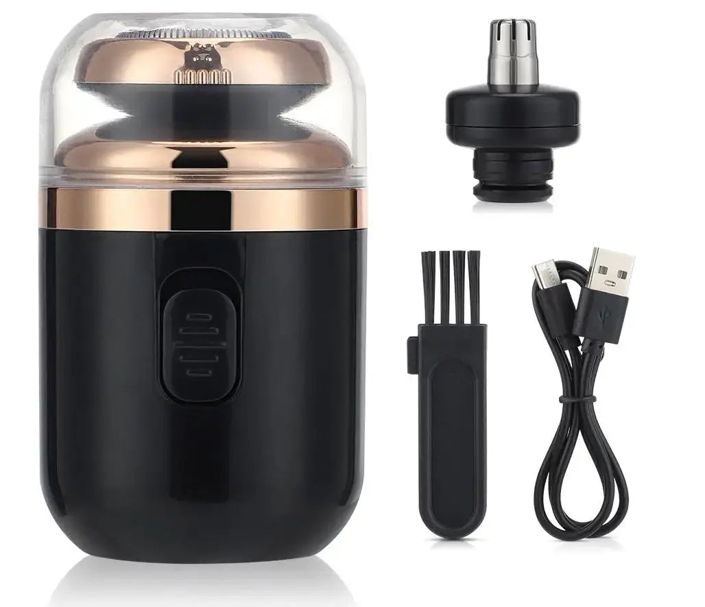 Mini travel electric razor with rose-gold cap; includes nose-trim attachment, grooming comb, and USB-C charging cable