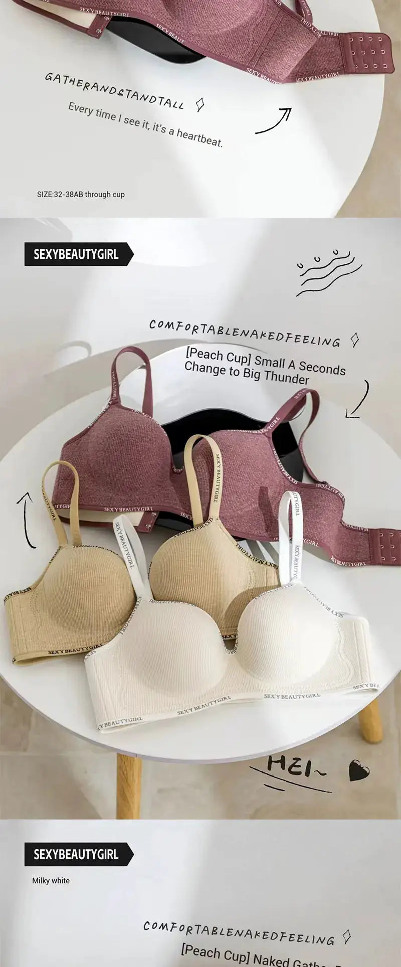 Push-up seamless bras set for women in pink, beige and white with SEXYBEAUTYGIRL branding