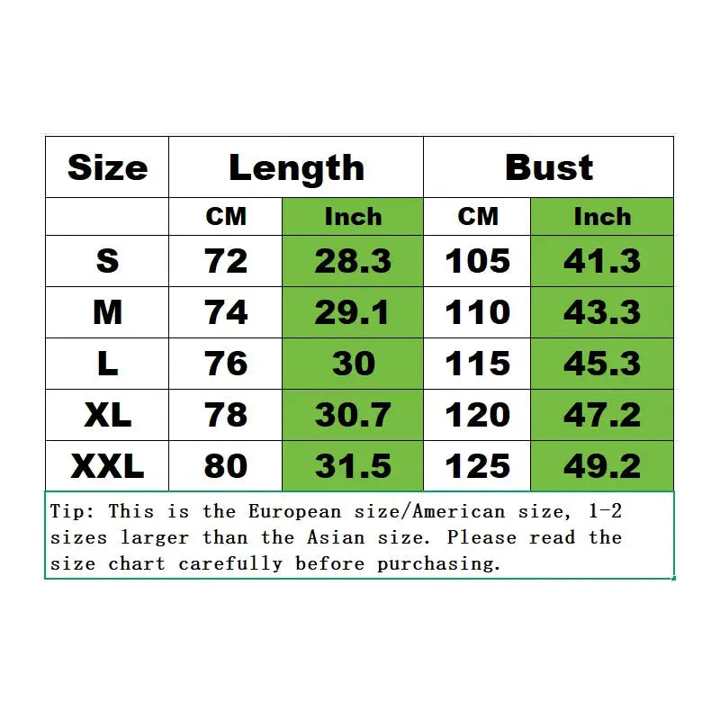 Men's cotton linen shirt size chart with length and bust measurements in cm and inches