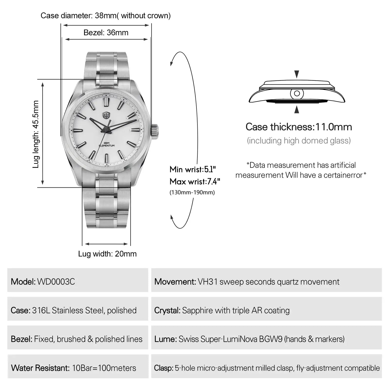 Simples Market WD0003C stainless steel men's wristwatch with white dial and 100m water resistance