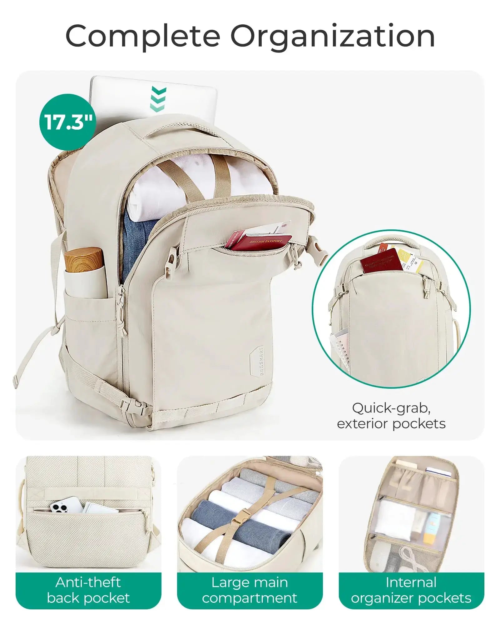 BAGSMART travel backpack for women, beige 30L carry-on, with multiple exterior pockets and anti-theft back pocket