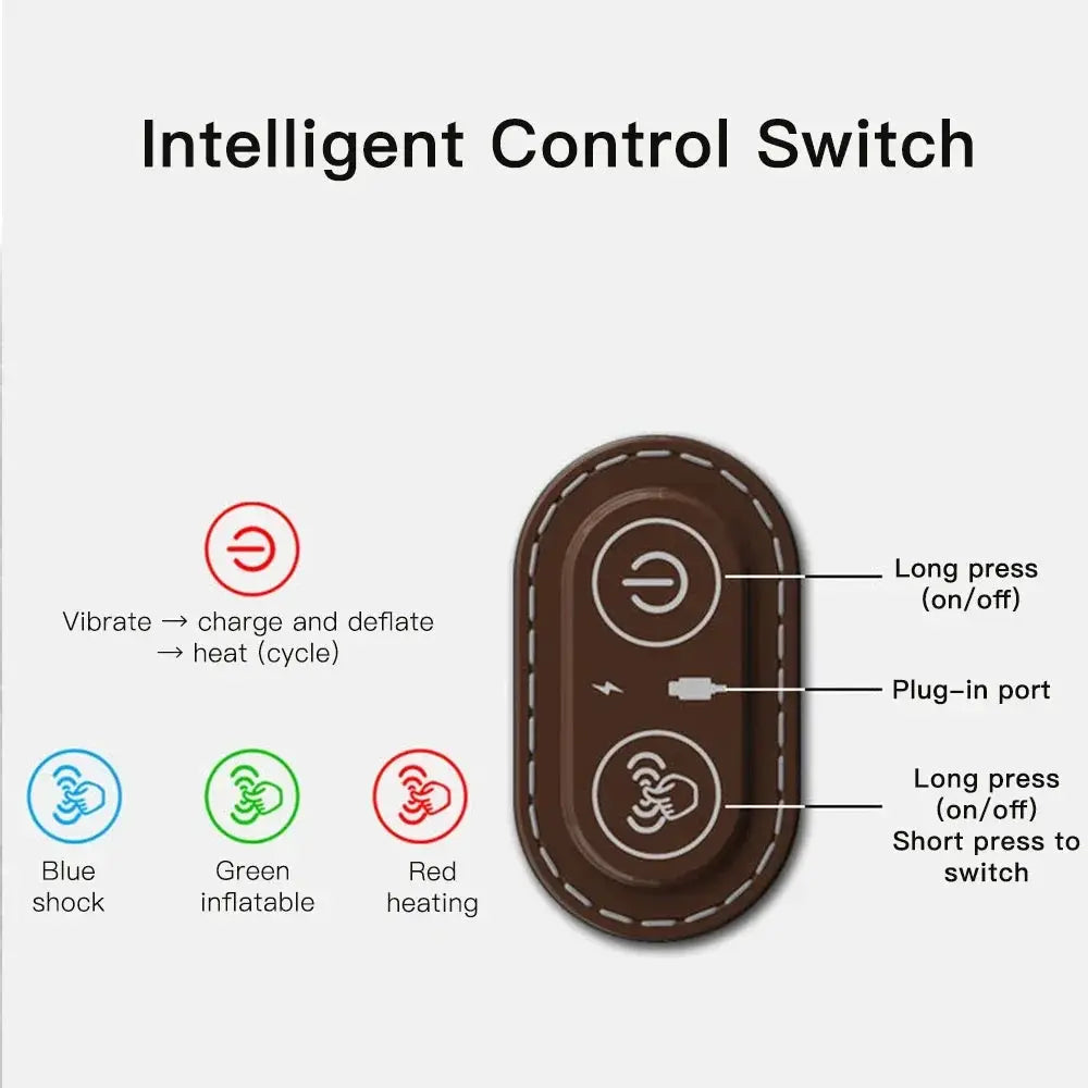 Simples Market electric neck massager pillow with brown control panel and blue shock, green inflatable, red heating indicators.