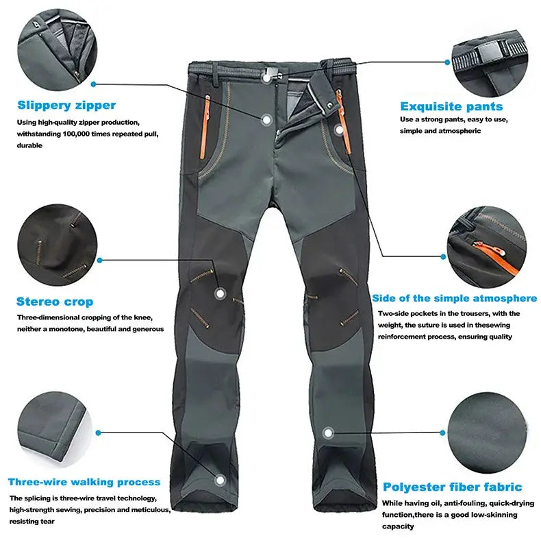 JNLN thick warm fleece hiking pants for men, two-tone grey/green with orange zippers, Simples Market