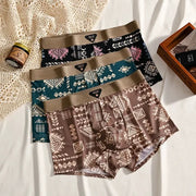 3Pcs men's boxer shorts underwear in geometric prints (brown/teal/black) with elastic waistbands; Hello logo