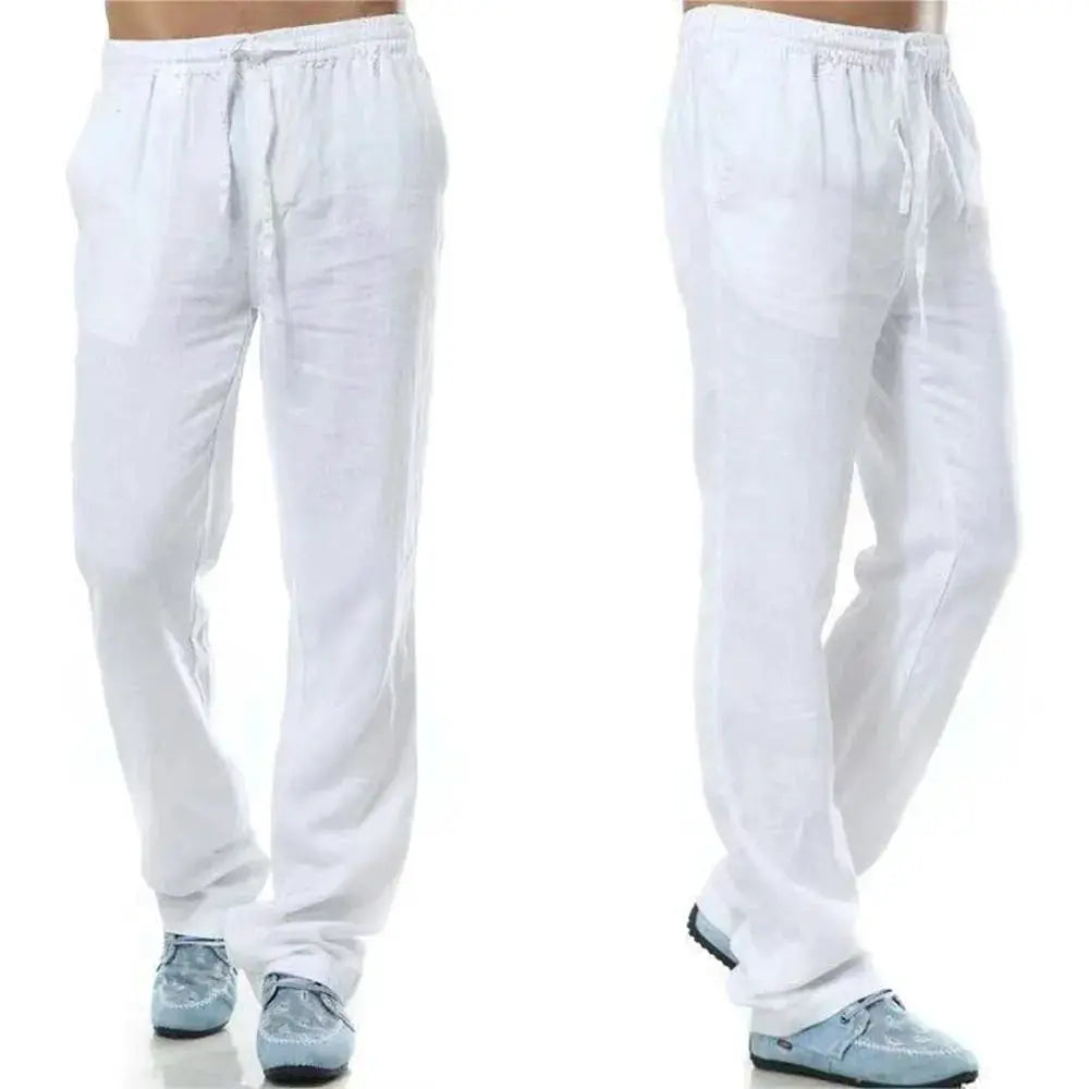 Men's Cotton Linen Pants Breathable Autumn Solid Color Linen Trousers With Elastic Waist And Straight Leg With Pockets