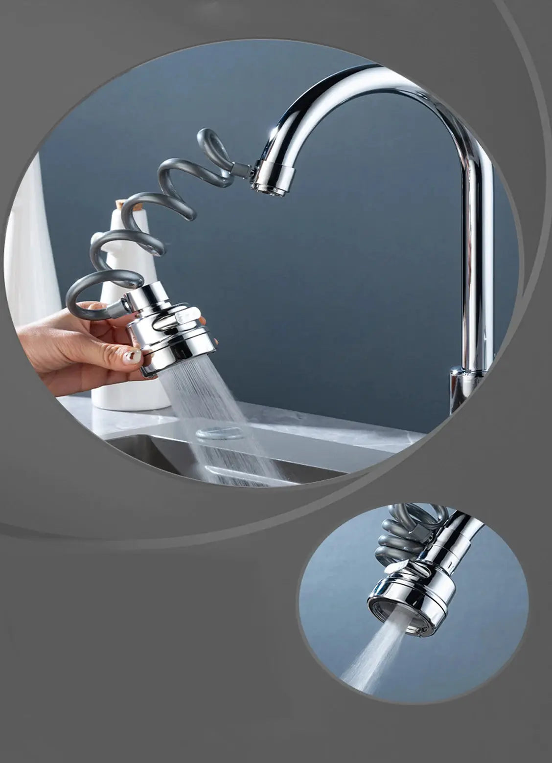 Chrome sink faucet with spiral pull-out hose and spray head, 360° rotation and water-saving design.