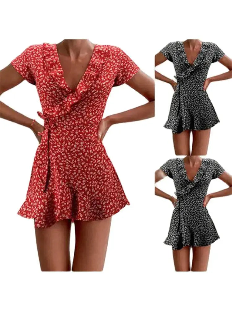 Summer Floral A Line Dress For Women V Neck Ruffles Mini Dress