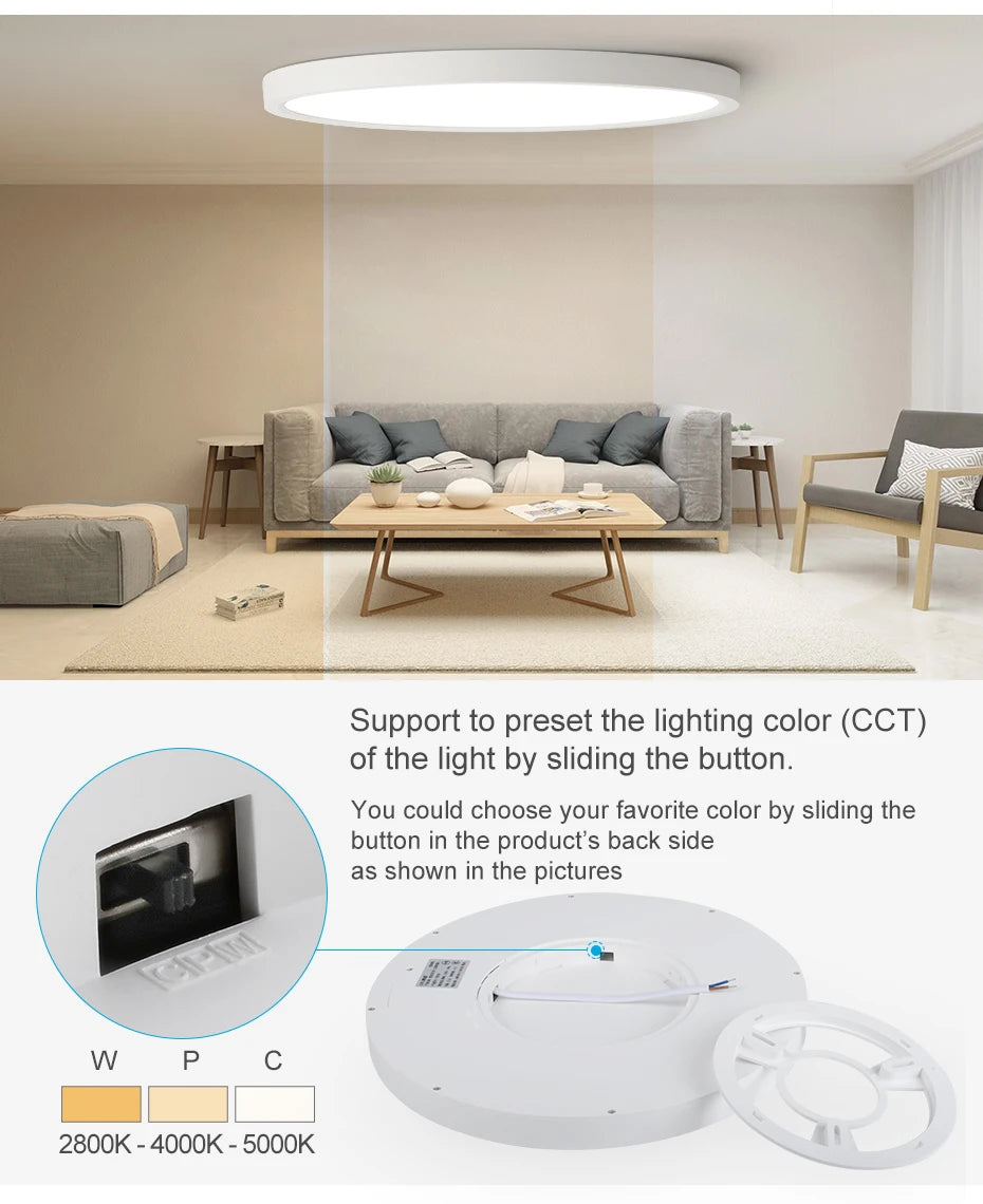 LVL LED ceiling light by Simples Market, wood grain and white finish, 3-in-1 color temperature adjustable flush mount