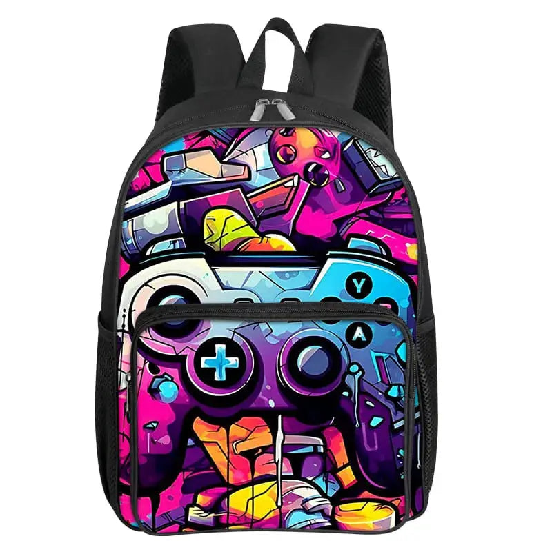 GamePad Pattern Backpack with front pocket, colorful game controller print for kids